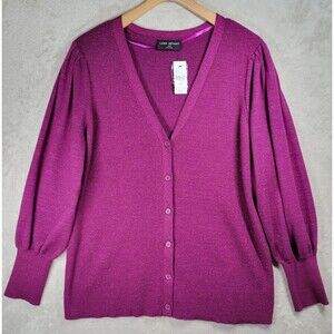 Lane Bryant Cardigan Sweater Top Plus Sz 26/28 Purple Button Front Puff Sleeves